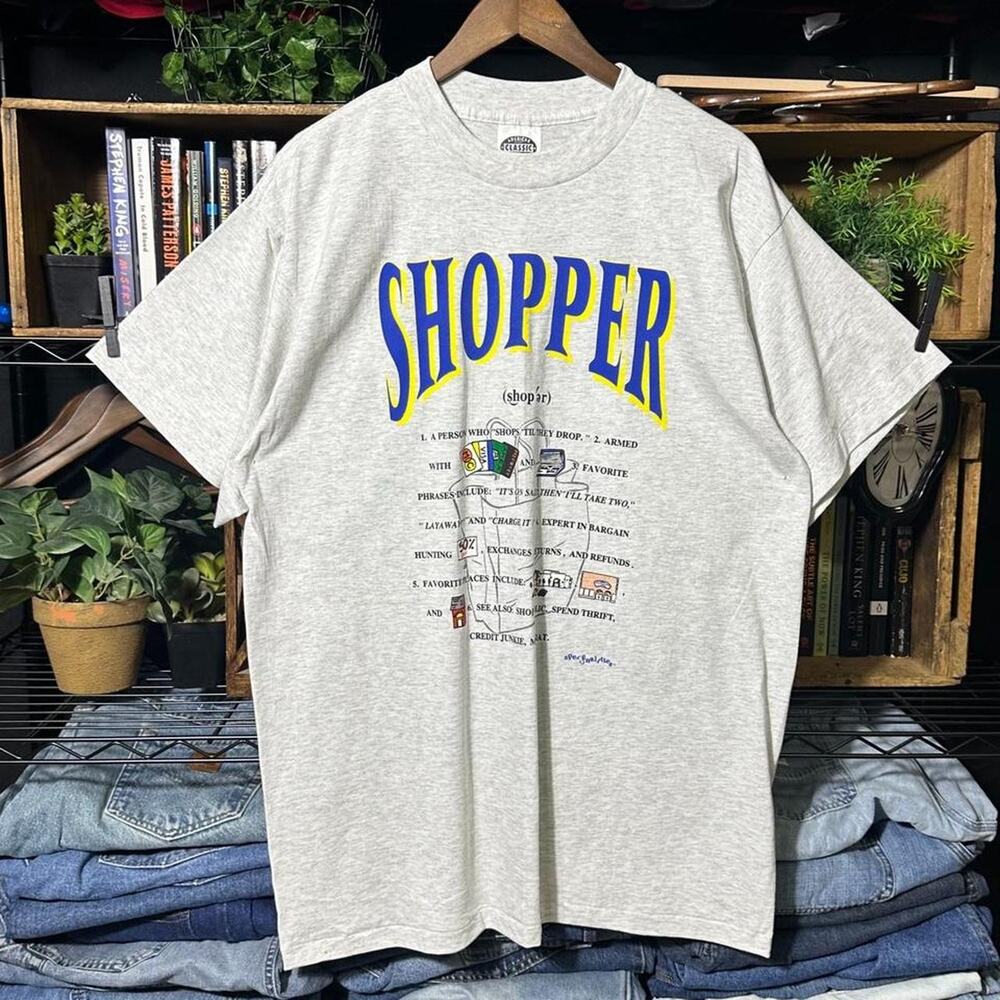 Vintage 90s Single Stitch Shopper Funny Comedy Humor Tee Mens XL Gray Joke Shirt